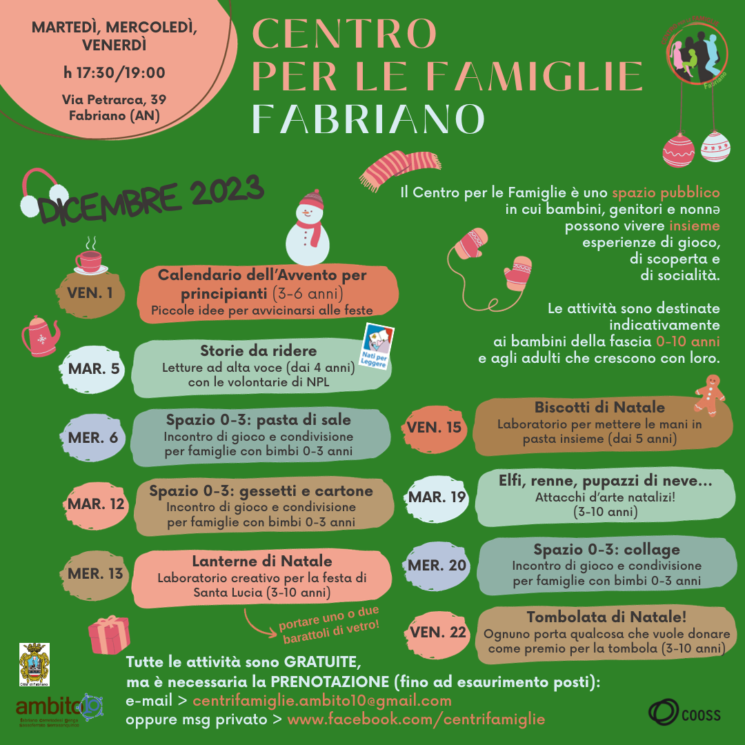 Centro per le famiglie di Fabriano: le attività di DICEMBRE 2023
